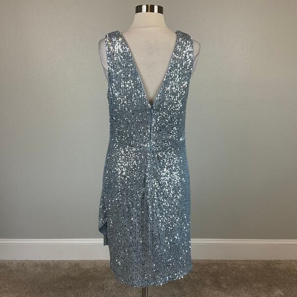 Eliza J Blue Sequined Cocktail Dress Size 16 Sleeveless V-Neck Mini Sheath - Picture 6 of 13